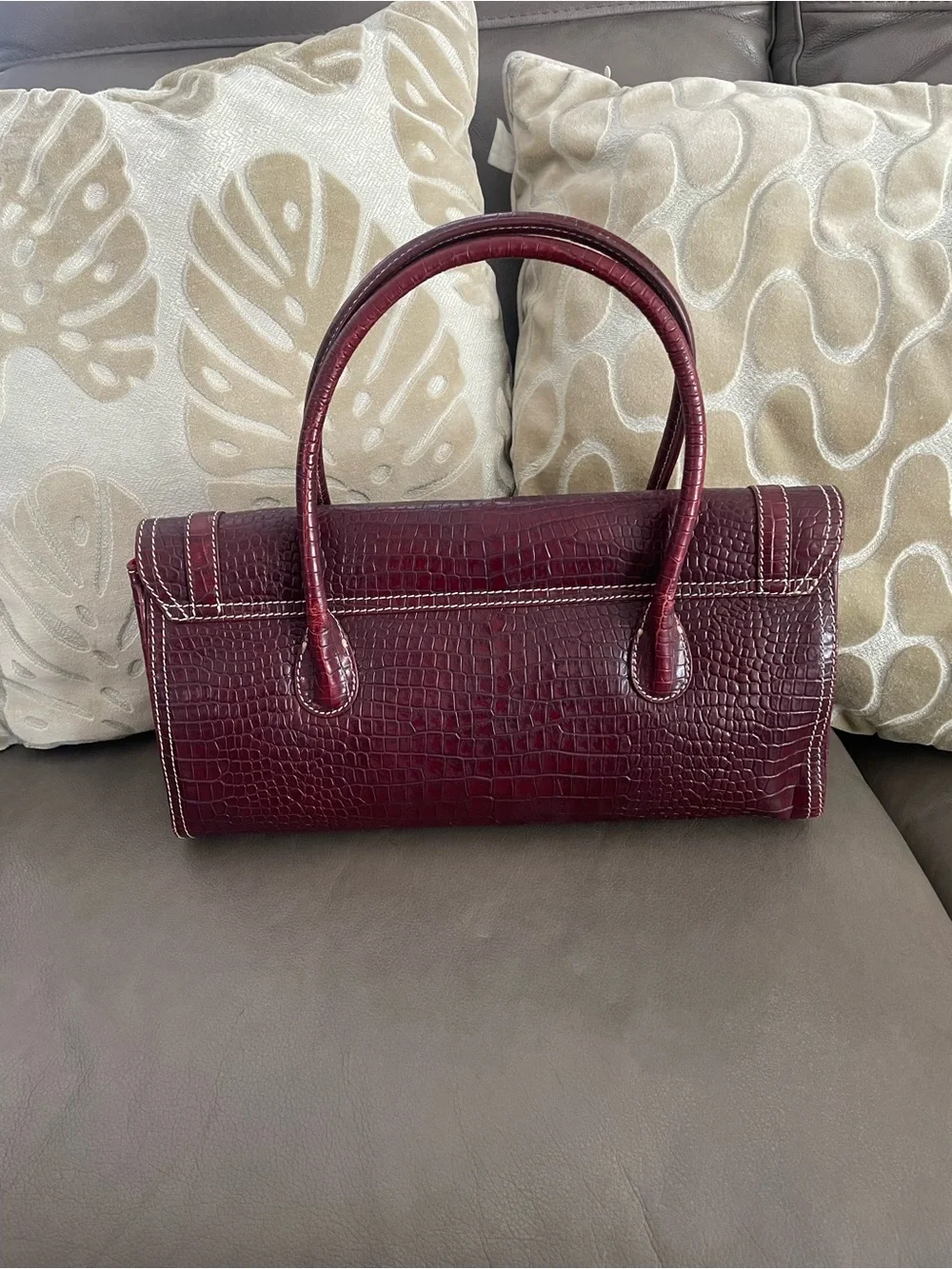 Nicole Miller Structured Croc-Embossed leather Burgundy Top-Handle Bag